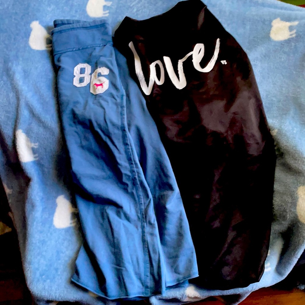 VS pink Victoria’s Secret Capri pants and black robe